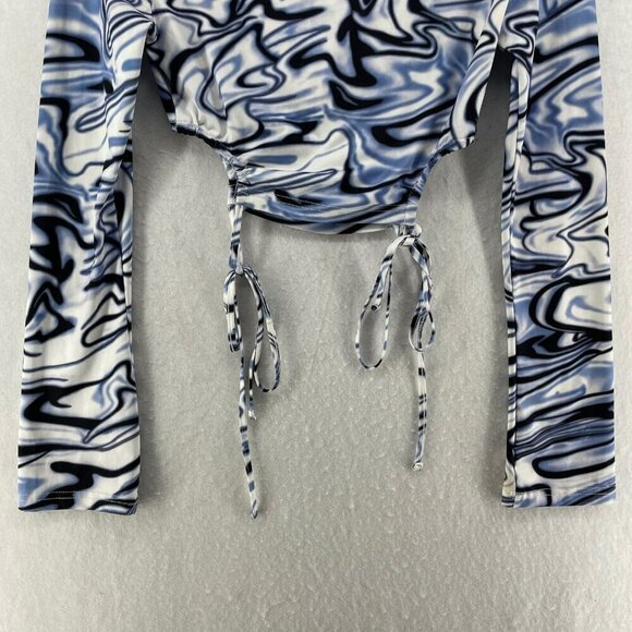 SheIn T Shirt Womens 4 Blue White Marble Print Tee Cut Out Round Neck Tie Side - Picture 11 of 12